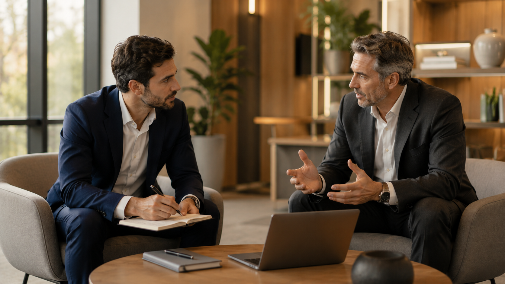 Consultor sênior orientando founder em mentoria estratégica para fundraising