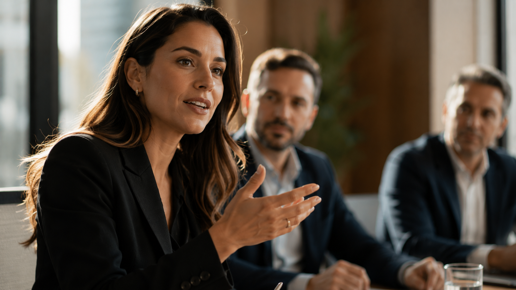 Executiva liderando reunião de investimento com sócios investidores